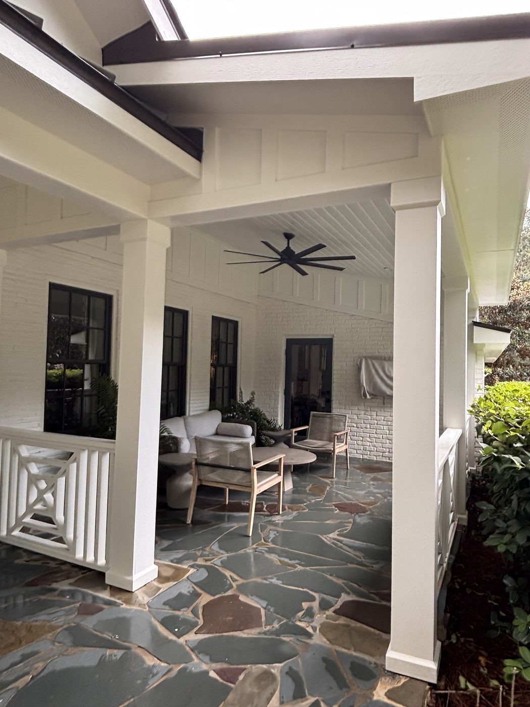 Clean porch ceiling and patio after soft washing in Fairhope, AL